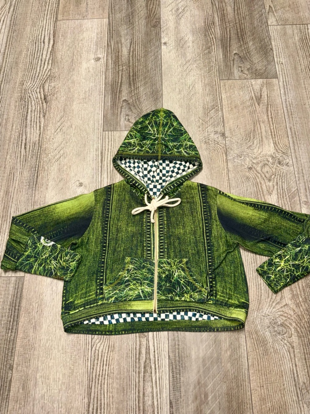 IPNG 3D Graphic crop hoodie green denim jean print checkered inside M/L ART